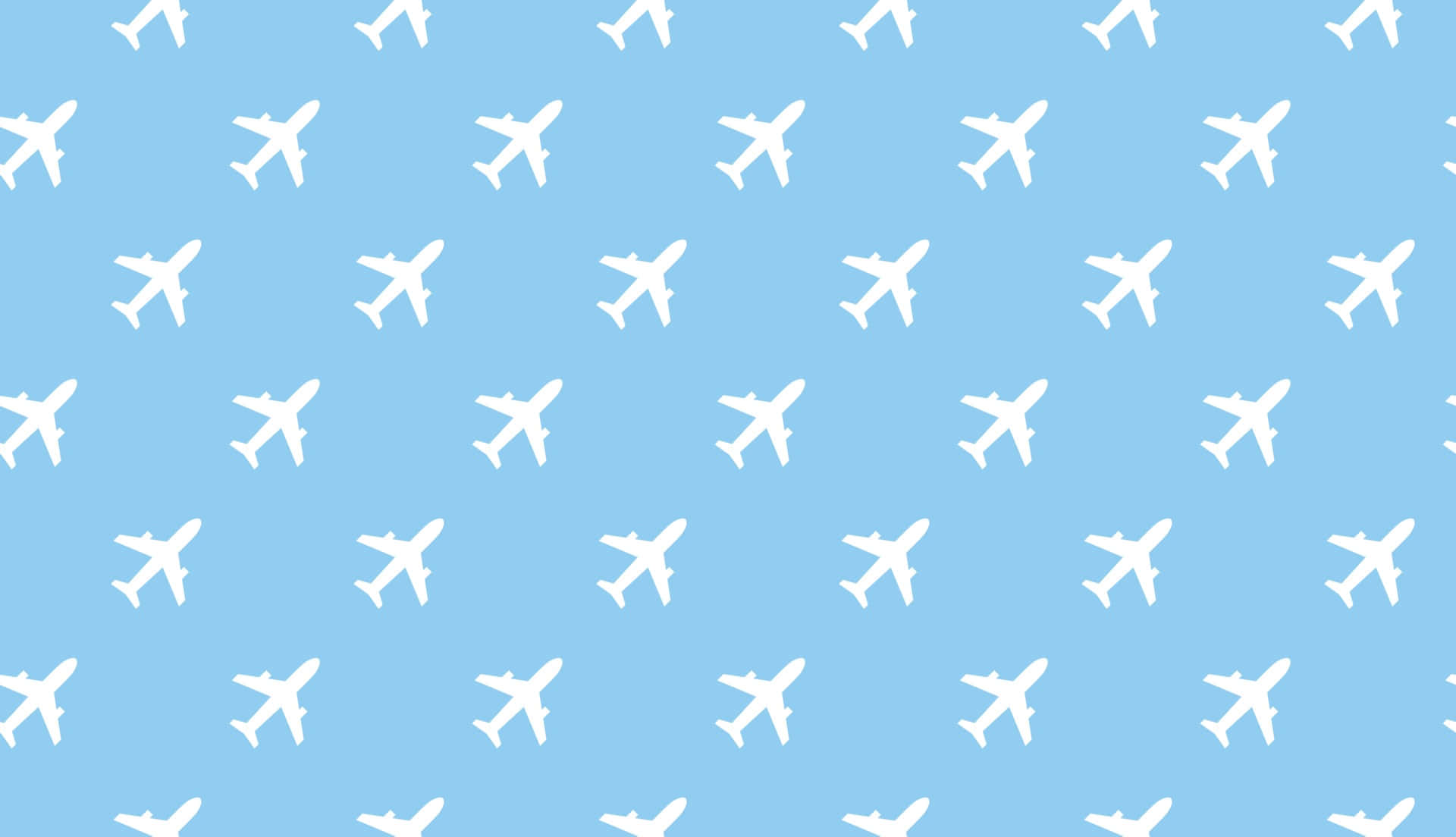 Aviation 桌布 壁紙 — 白色飛機剪影在柔和藍色背景上以重複圖案飛行。