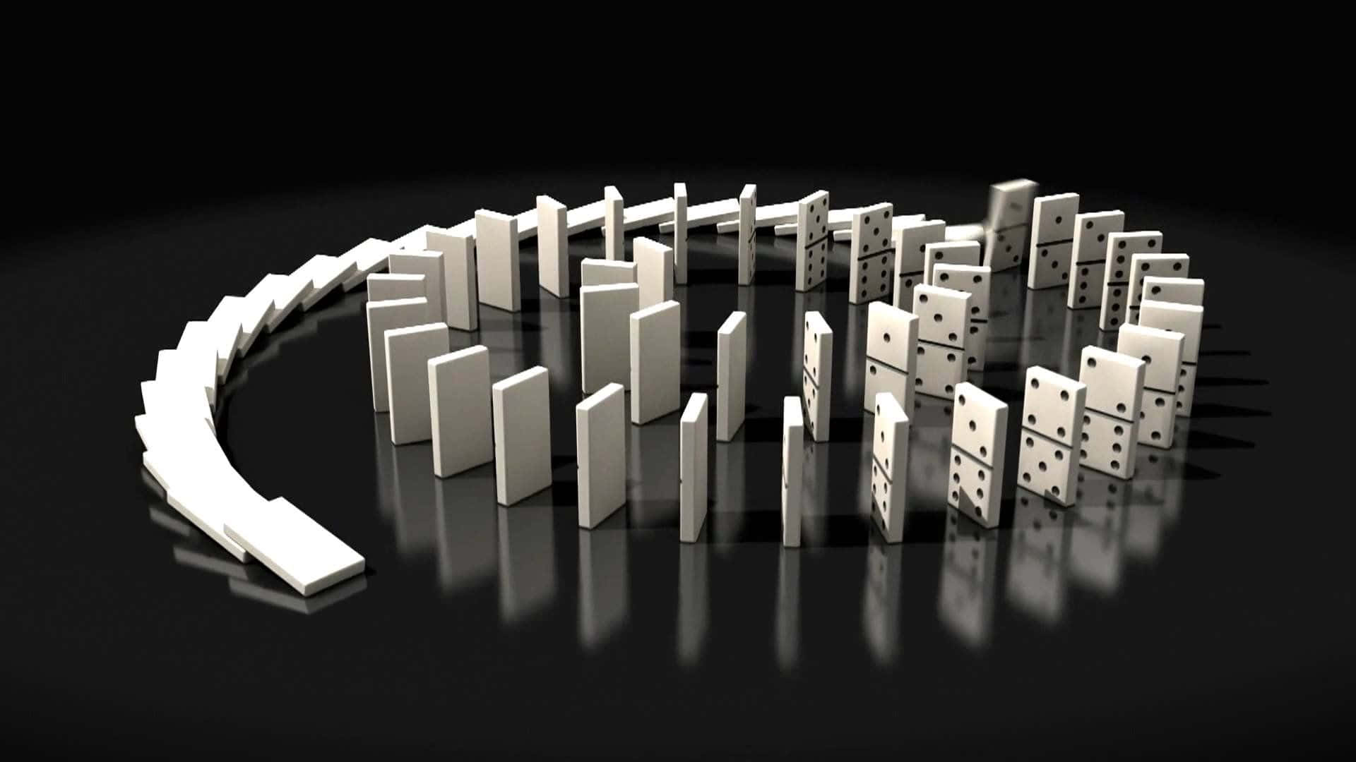 Domino 桌布 壁紙 — 白色骨牌彎曲排列，直立於光亮的黑色表面上，倒影清晰可見。
