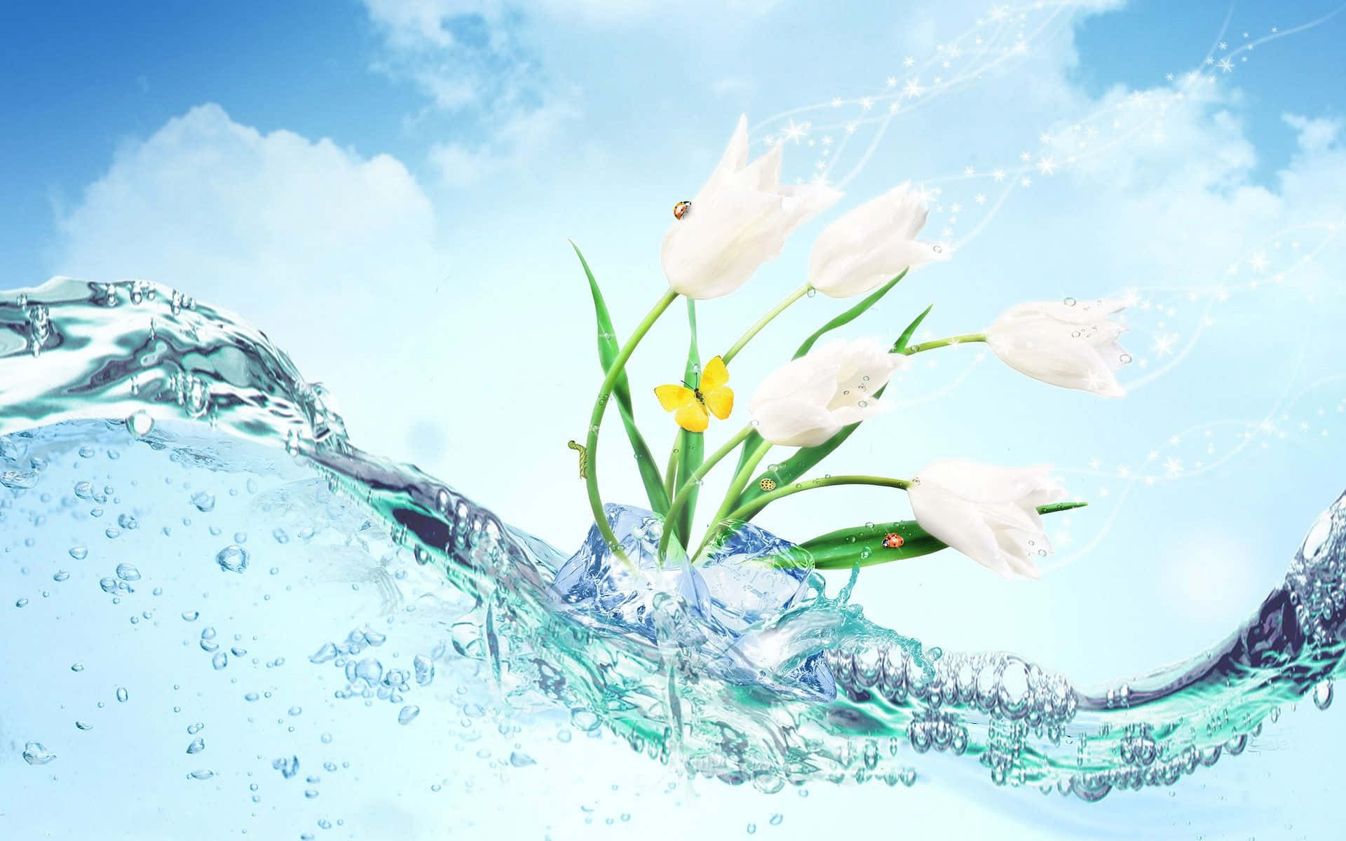3d Water 桌布 壁紙 — 白色鬱金香和黃色蝴蝶從清澈的藍色水中浮現，在明亮的天空下帶有閃爍的痕跡。