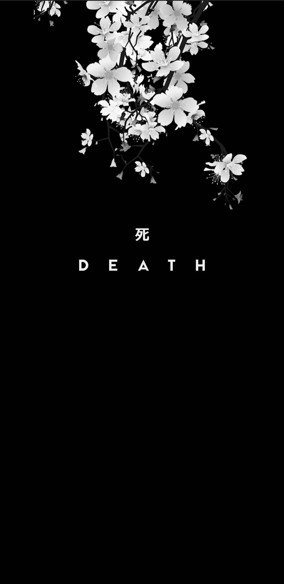 白色櫻花飄落，中央以白色文字顯示「死亡」一詞。
