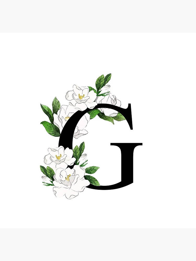 黑色字母G裝飾著白色梔子花和綠葉。