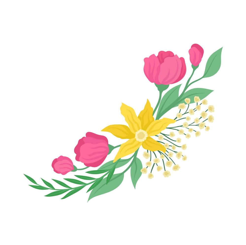 白花瓣爆裂於純白背景 壁紙 — 一個充滿活力的花卉佈置，包含粉紅色鬱金香、黃色星花和精緻的白色花朵，搭配綠色莖幹，置於潔淨的白色背景上。