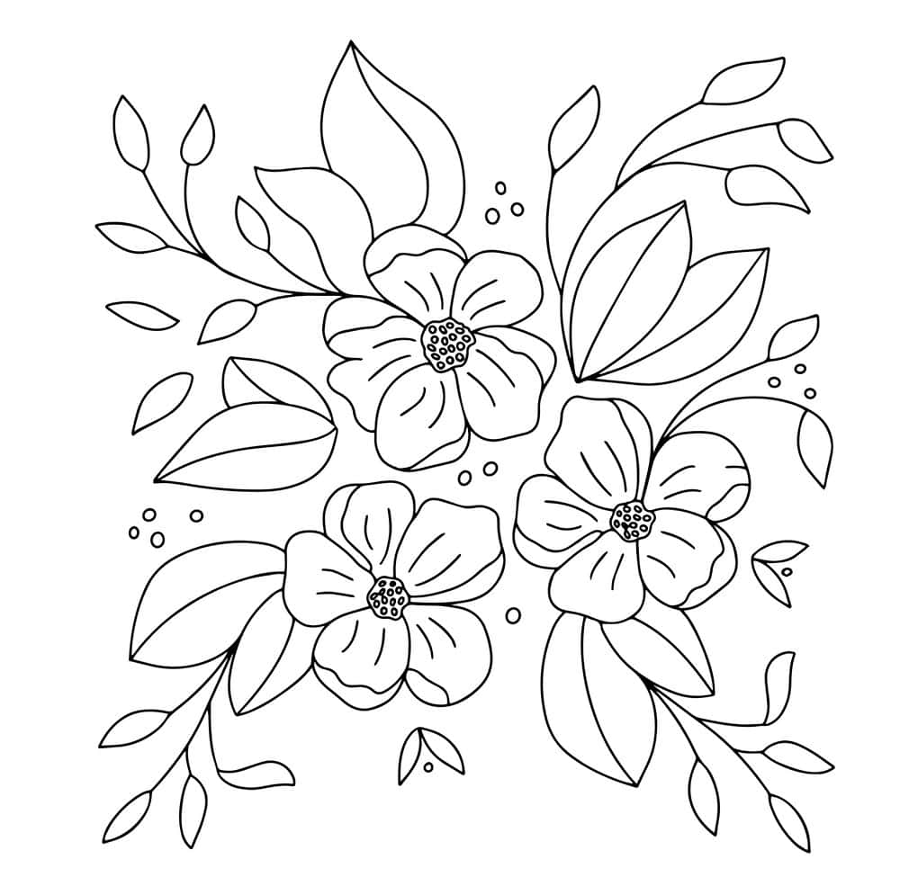 白花配柔粉背景 壁紙 — 一幅精緻的黑白線條畫，描繪了三朵盛開的花朵，葉子和花蕾排列成平衡的花簇。