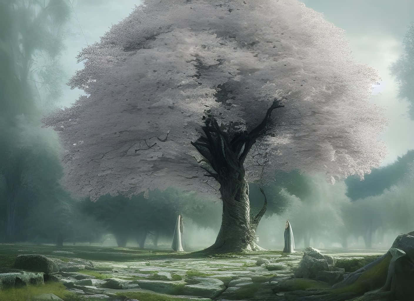 古樹開淡白色花，霧氣林間空地，石頭廢墟，戴兜帽的身影。