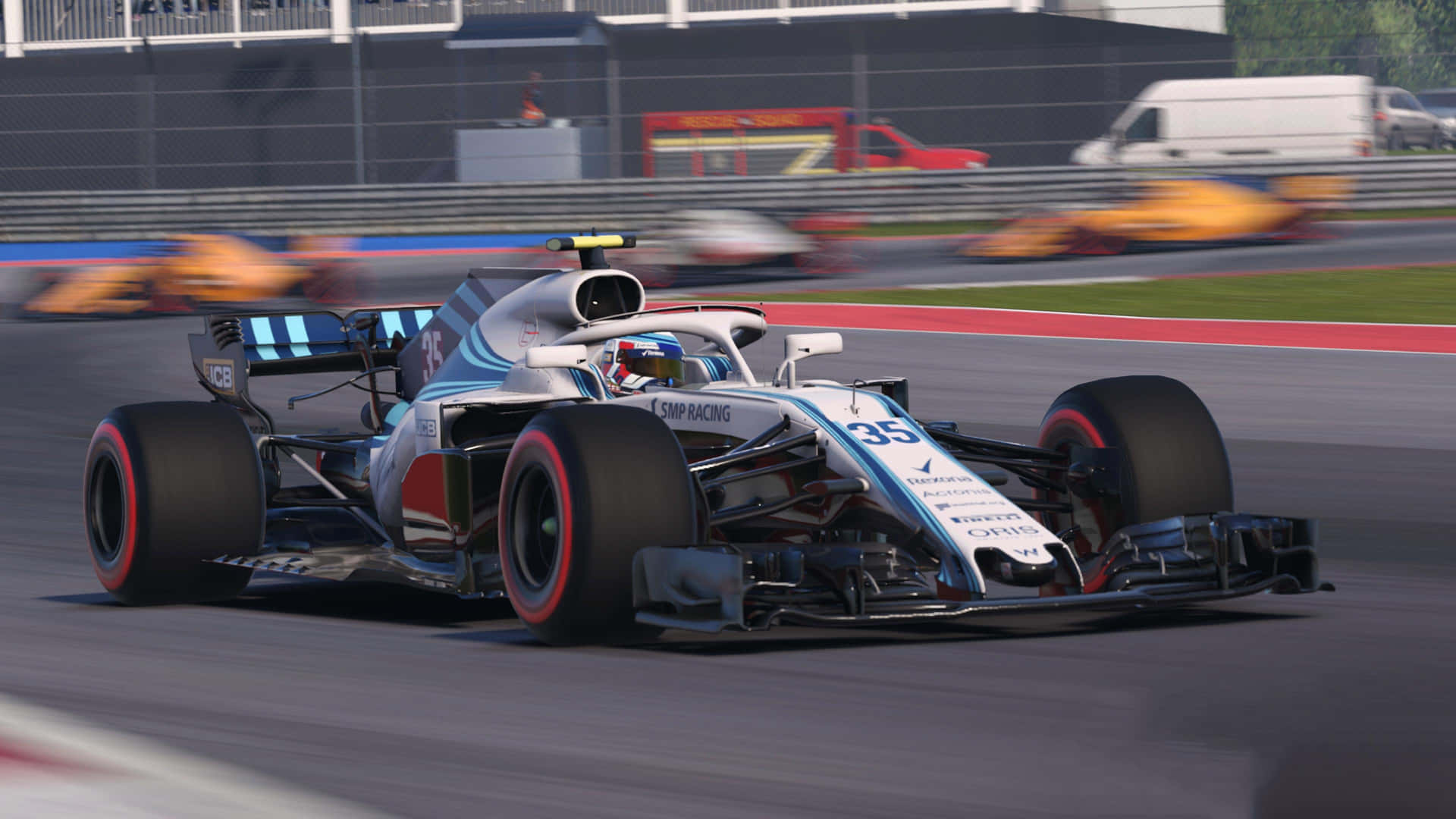 白藍配色賽車 F1 2018背景 壁紙 — 一架時尚的藍白相間一級方程式賽車，編號35，在賽道上奔馳，背景有模糊的競爭對手。