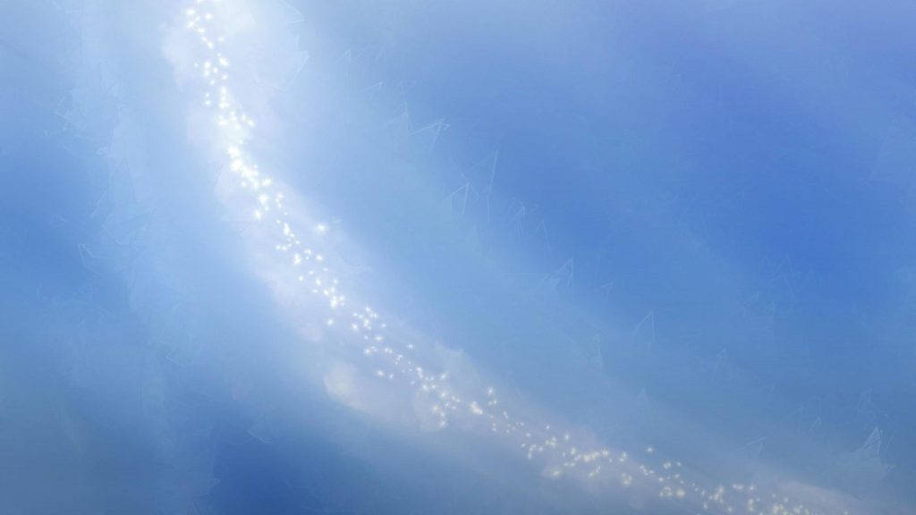 白藍閃耀抽象背景 壁紙 — 一道耀眼的光束斜斜劃過柔和的藍色漸變天空，點綴著閃爍的粒子。