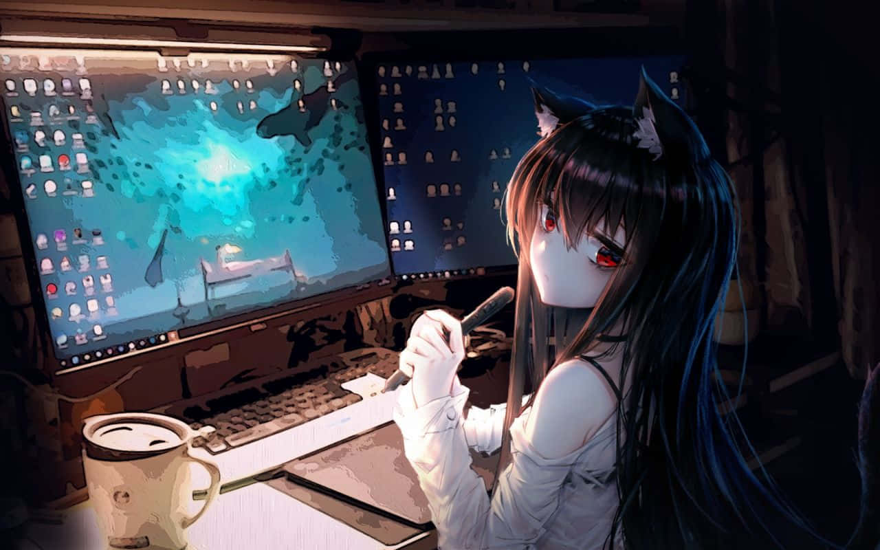 白藍雲朵映深藍天際 壁紙 — 一位貓耳動漫女孩，紅眼睛，在昏暗的房間裡，在發光的顯示器下於雜亂的桌子上畫畫。