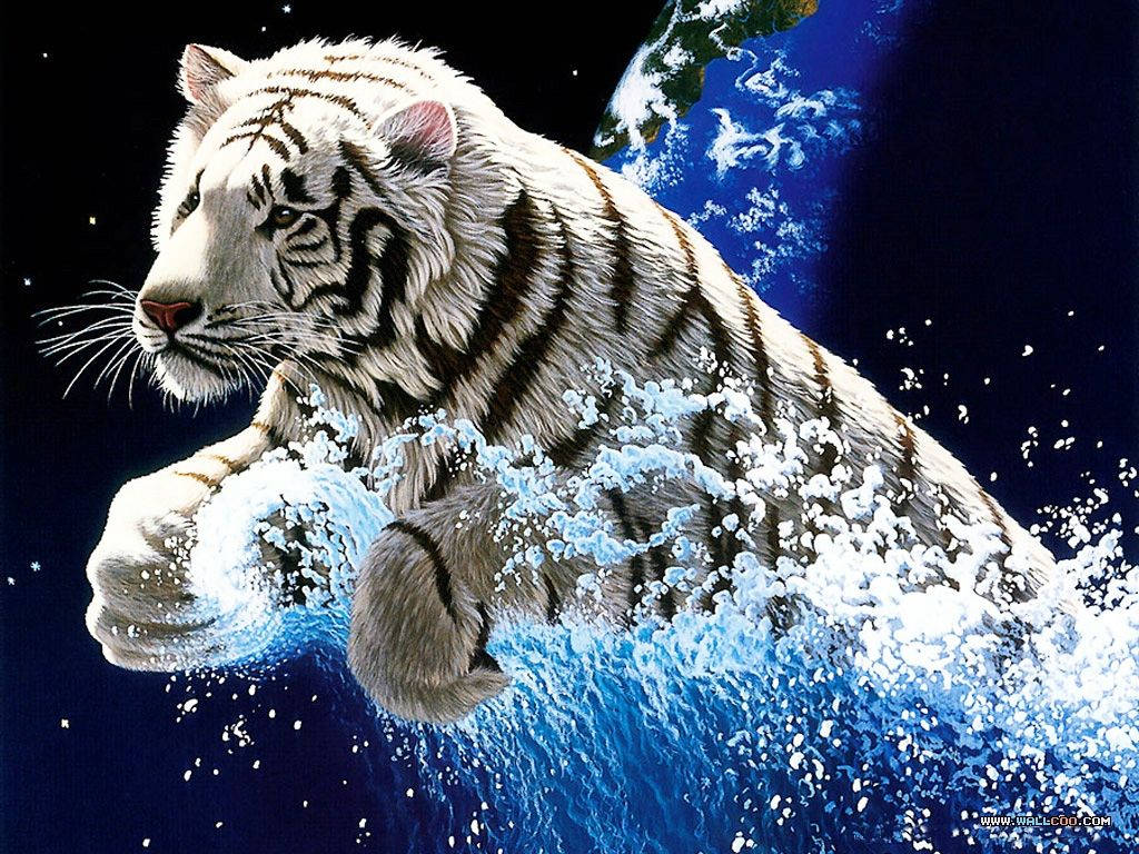 白虎在太空中穿過海洋波浪，背景有地球