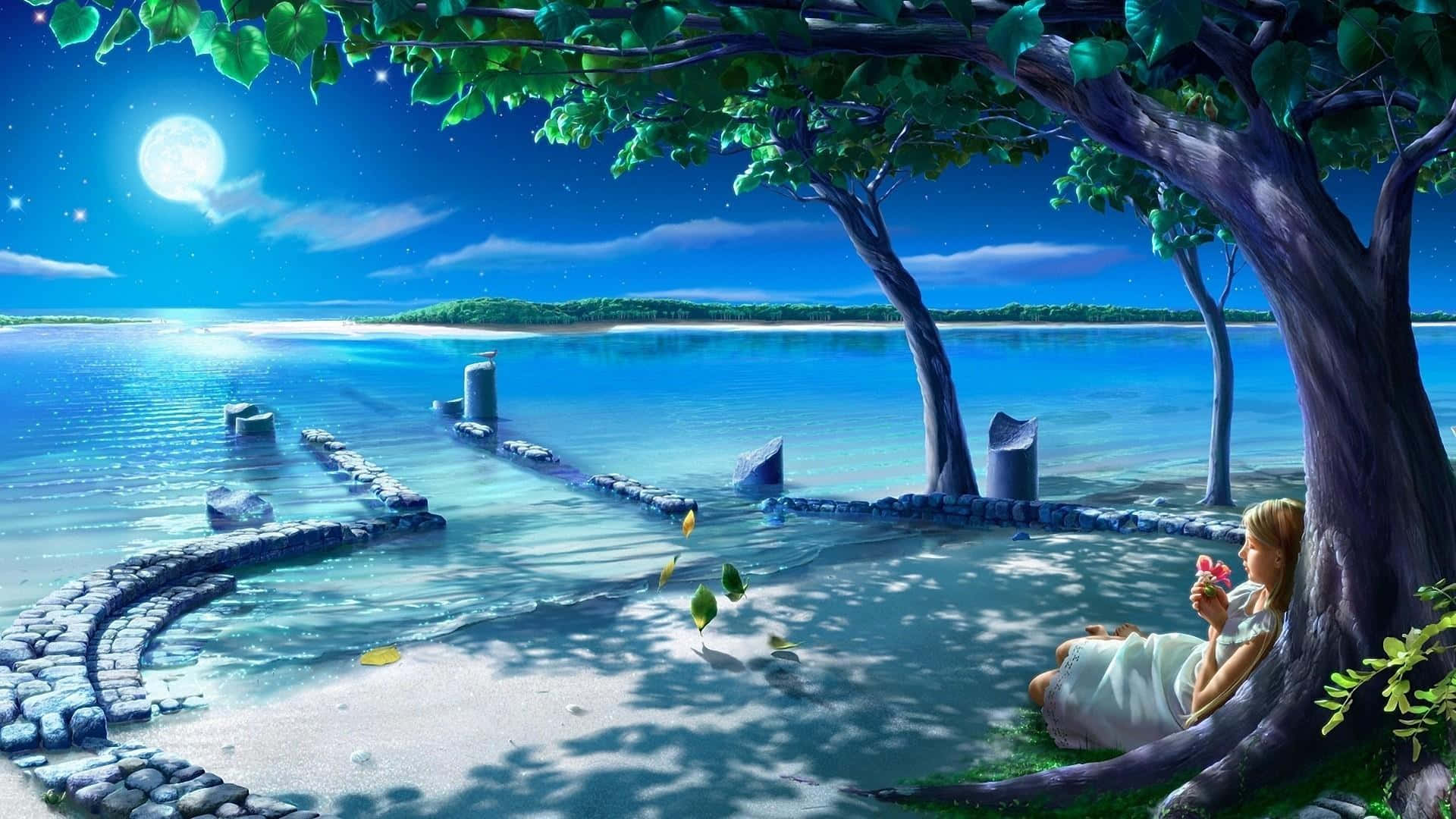 白衣少女與星空背景 壁紙 — 一個寧靜的夜晚場景，一個白衣女孩坐在月光照耀的潟湖旁的樹下，手持一朵花，魚兒在附近游動。