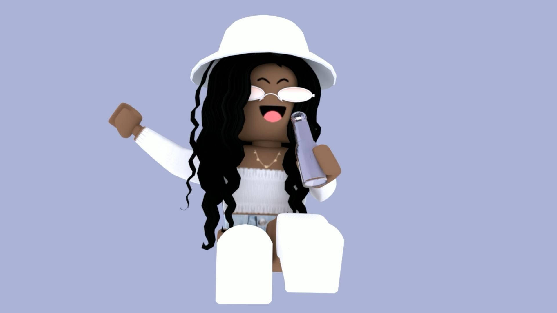 白衫美學 Roblox 女孩 壁紙 — 一個快樂的Roblox頭像，長長的黑髮和白色帽子，在柔和的薰衣草背景前拿著瓶子跳舞。