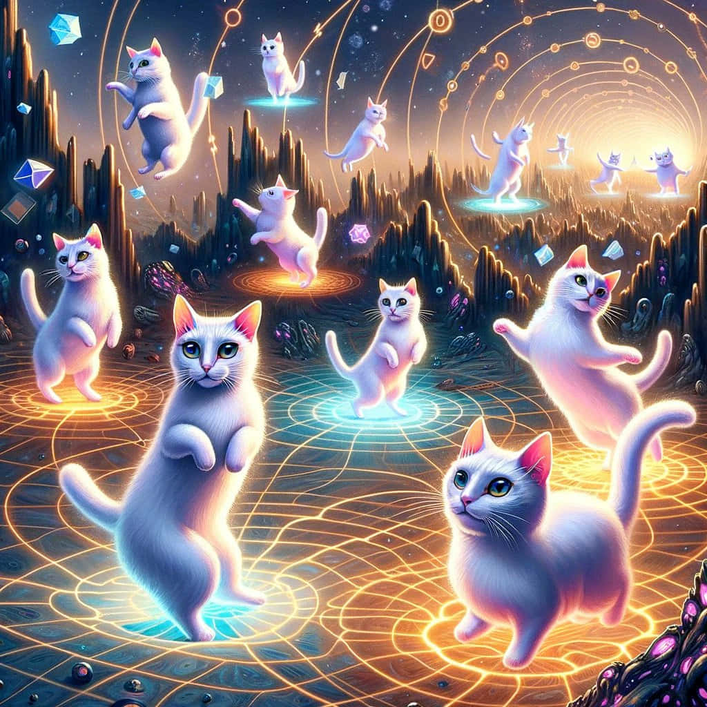  壁紙 — 白貓在發光的環上跳舞，背景是超現實的宇宙景觀，有水晶尖塔和漂浮的幾何形狀。