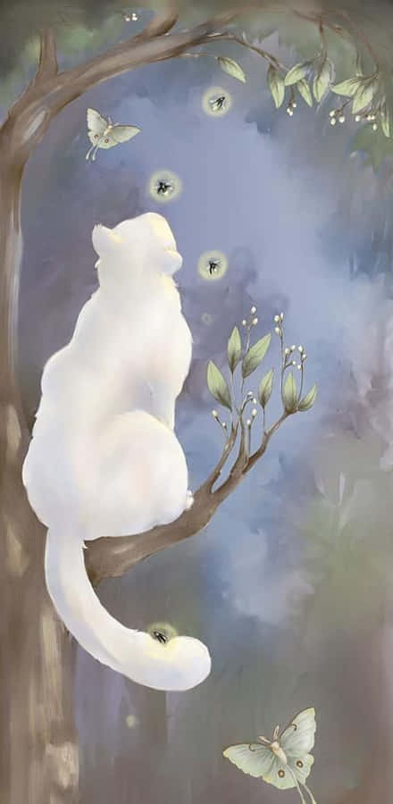 白貓畫作圖 壁紙 — 一隻寧靜的白貓坐在樹枝上，凝視著暮色森林中發光的螢火蟲和蝴蝶。