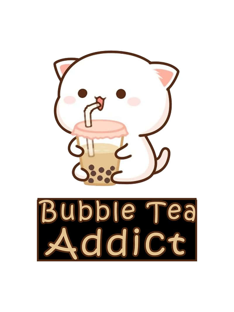 一隻卡通貓咪正在啜飲珍珠奶茶，下方有 bubble tea addict 文字。