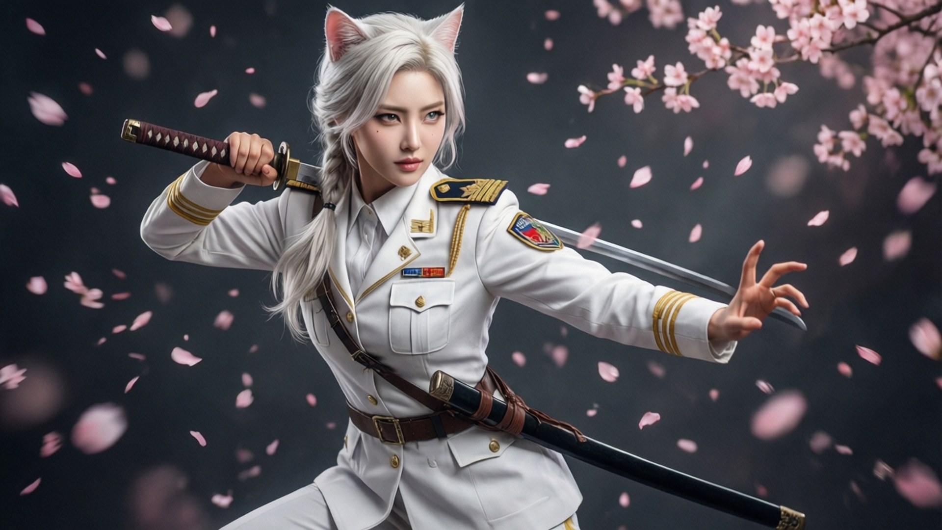 一位貓耳女性身穿白色軍服，手持武士刀，粉紅色的櫻花花瓣在她周圍飄落。