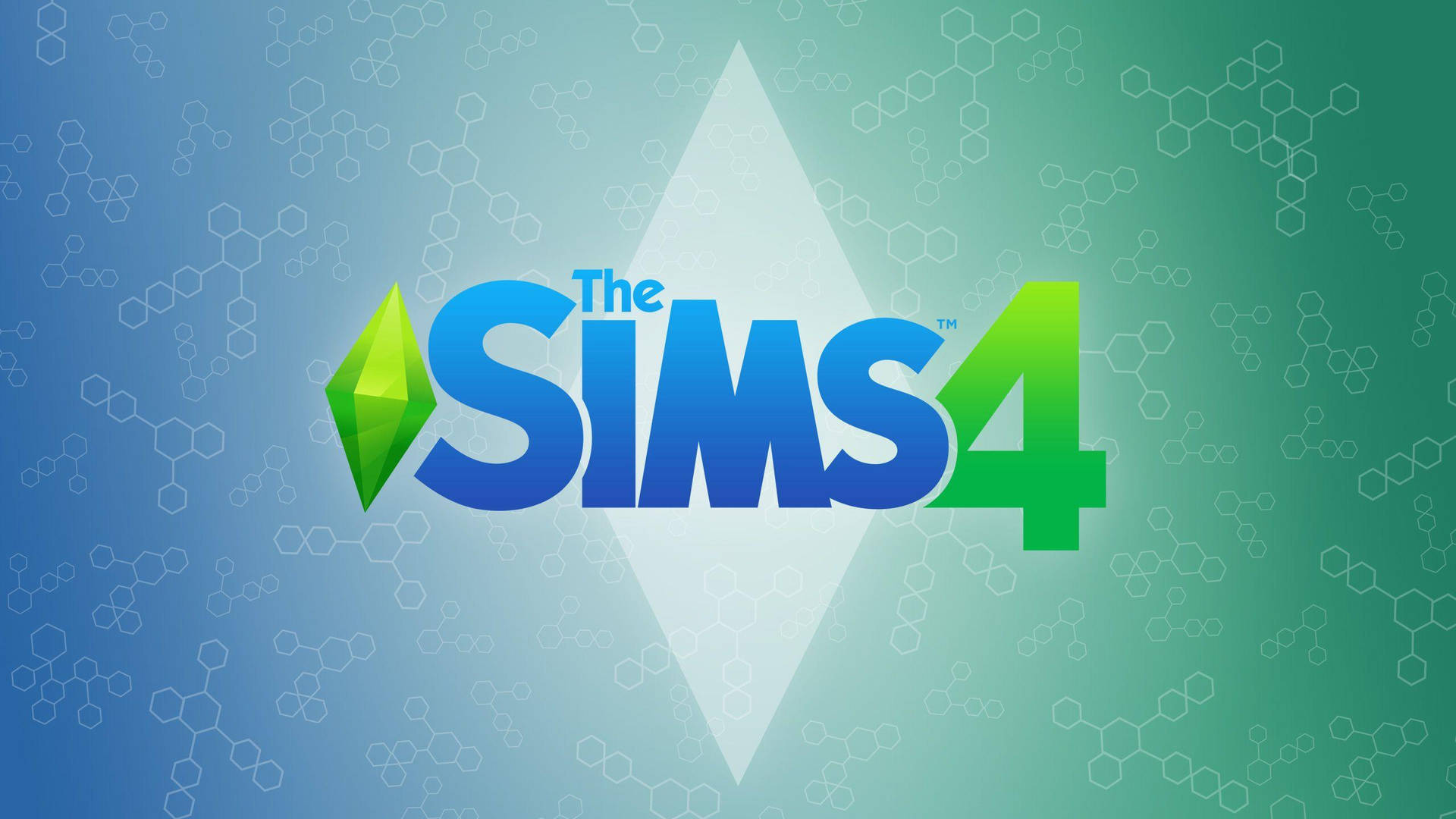 帶有藍色和綠色漸變背景及分子圖案的 The Sims 4 遊戲標誌。