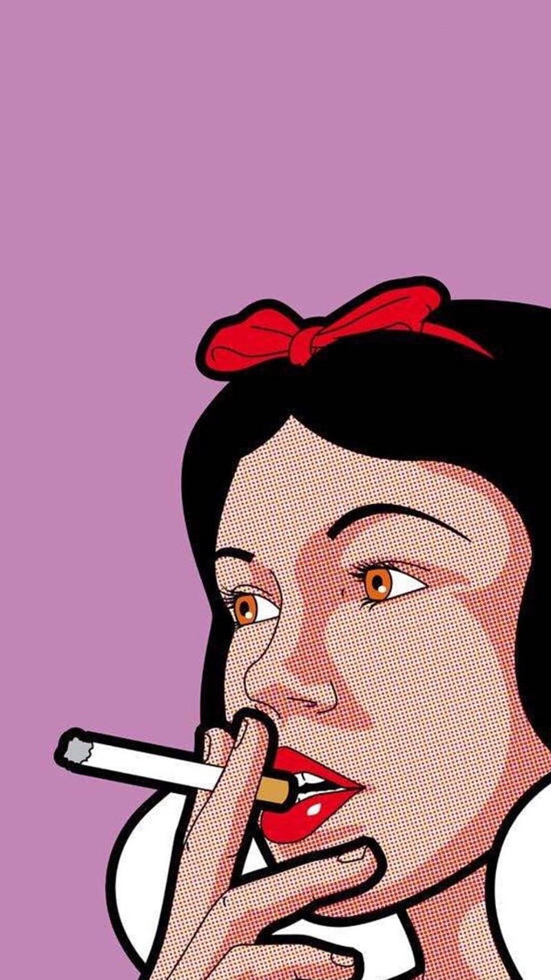 一位紅唇、戴蝴蝶結的女性以普普藝術風格抽煙。