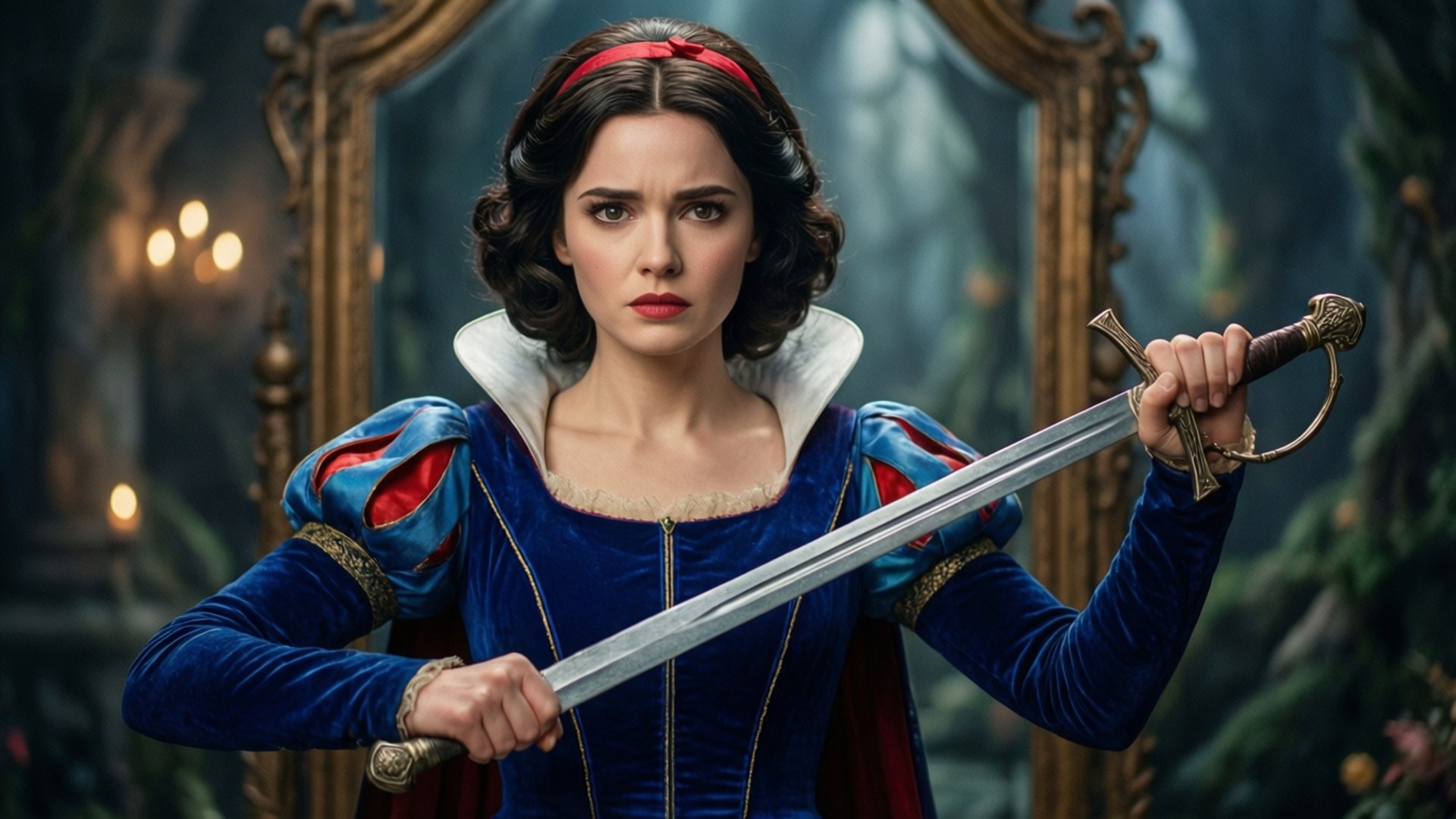 白雪公主戰士 壁紙 — 一位兇猛的白雪公主身穿藍色天鵝絨長袍，在神秘的森林環境中堅定地握著劍。