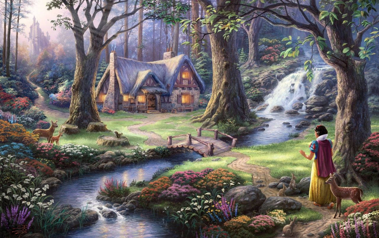 白雪公主與鹿靠近小屋，在魔法森林中，有瀑布。