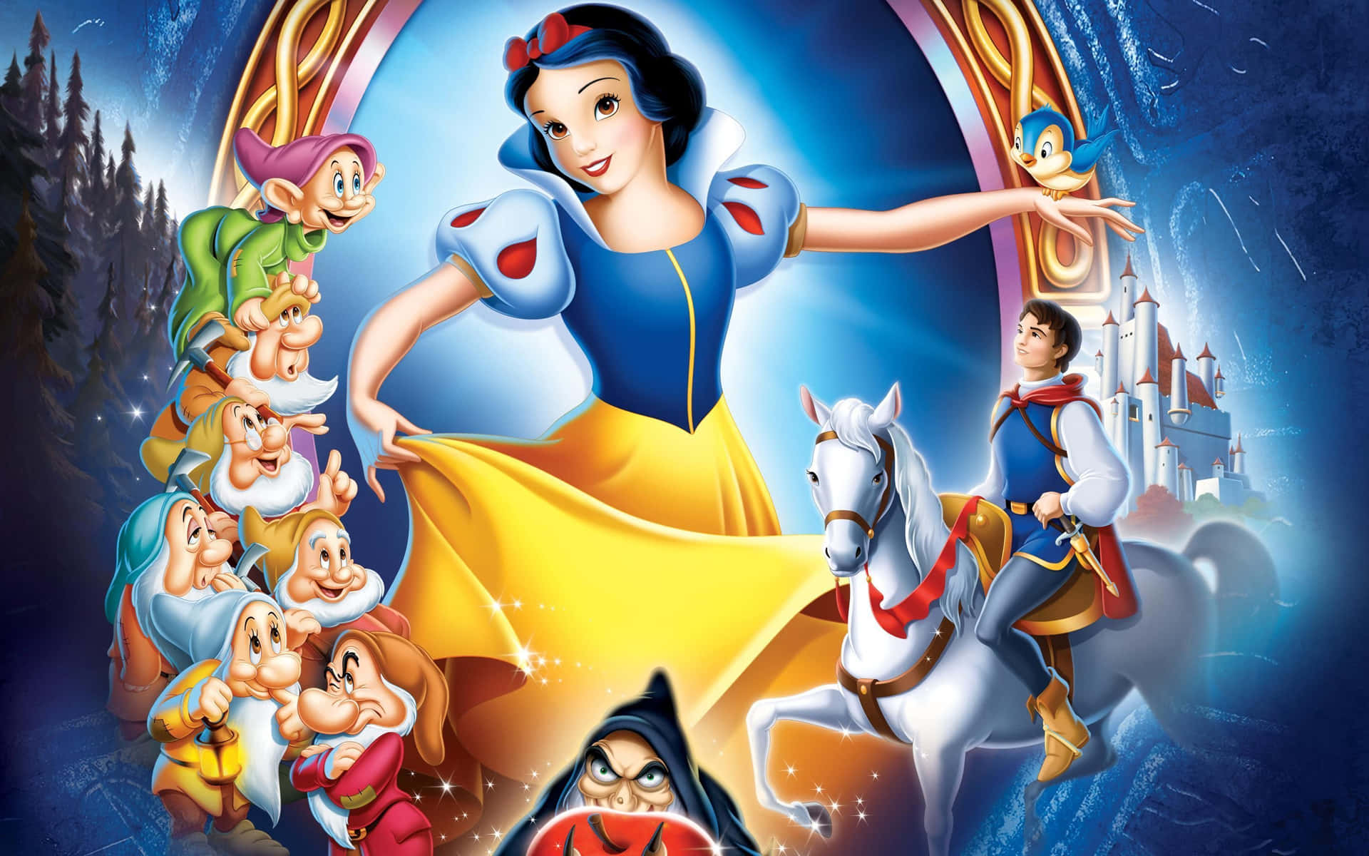 白雪公主與小矮人和騎馬的王子在魔法森林中的城堡附近。