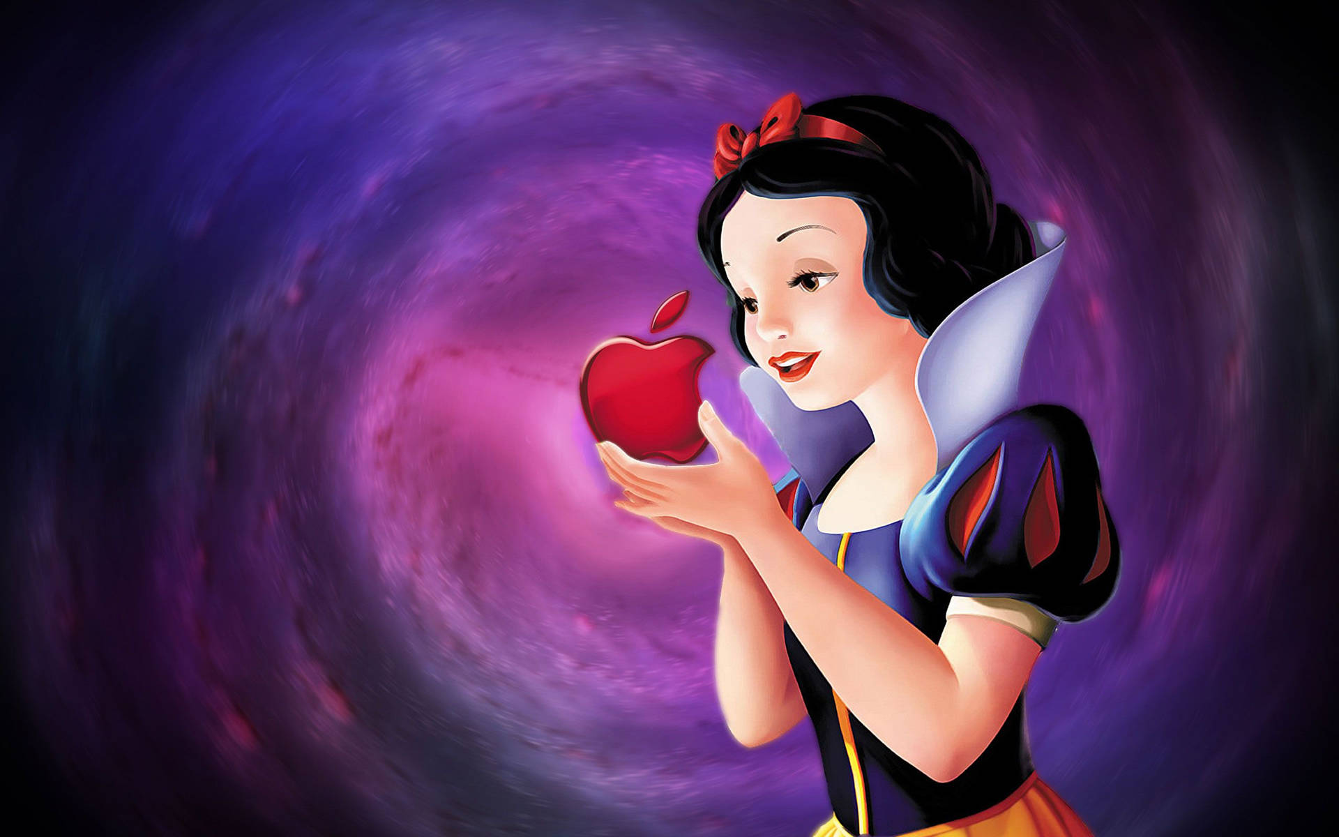 白雪公主在旋轉的宇宙漩渦中拿著一個發光的紅蘋果。