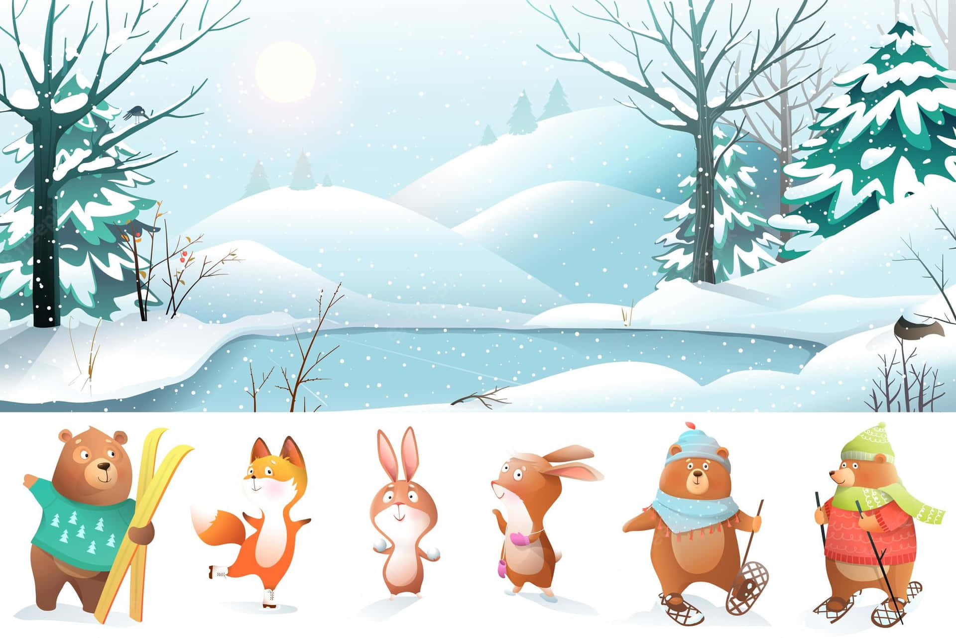 Winter Forest 桌布 壁紙 — 白雪皚皚的冬季森林，卡通動物穿著冬季裝備在燦爛陽光下享受戶外活動。