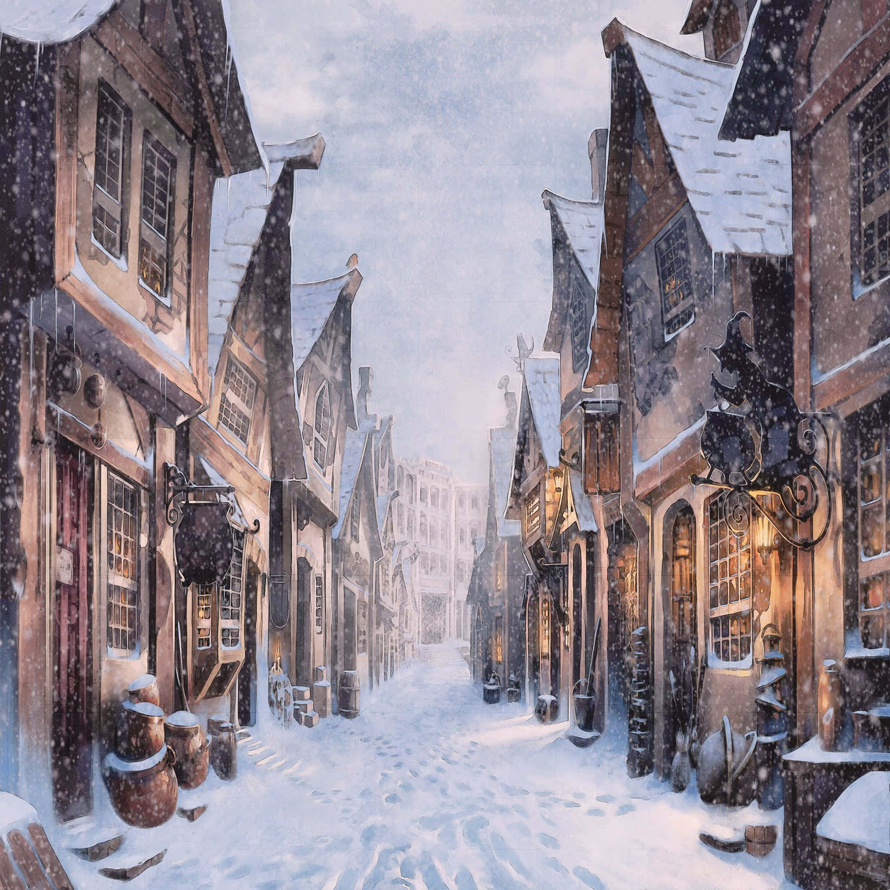 Diagon Alley 桌布 壁紙 — 白雪覆蓋一條狹窄的中世紀街道，兩旁是木框架房屋，在飄落的雪花下溫暖地發光。