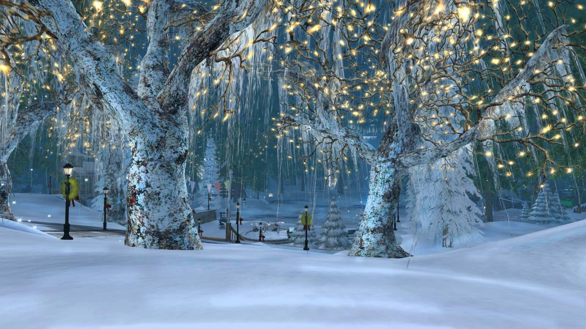 Winter Holiday 桌布 壁紙 — 白雪覆蓋寧靜的冬季公園，冰凍的樹木在溫暖的串燈照耀下閃爍，營造出神奇的暮色氛圍。