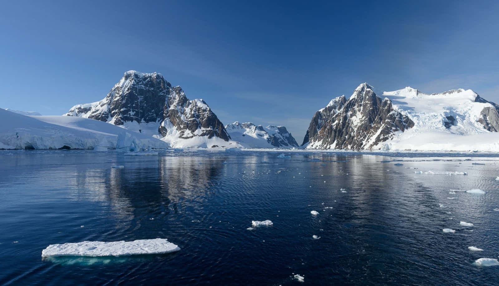 Antarctica 桌布 壁紙 — 白雪覆蓋的南極山峰從深藍色的海水中陡峭升起，海面上漂浮著冰山，天空晴朗。