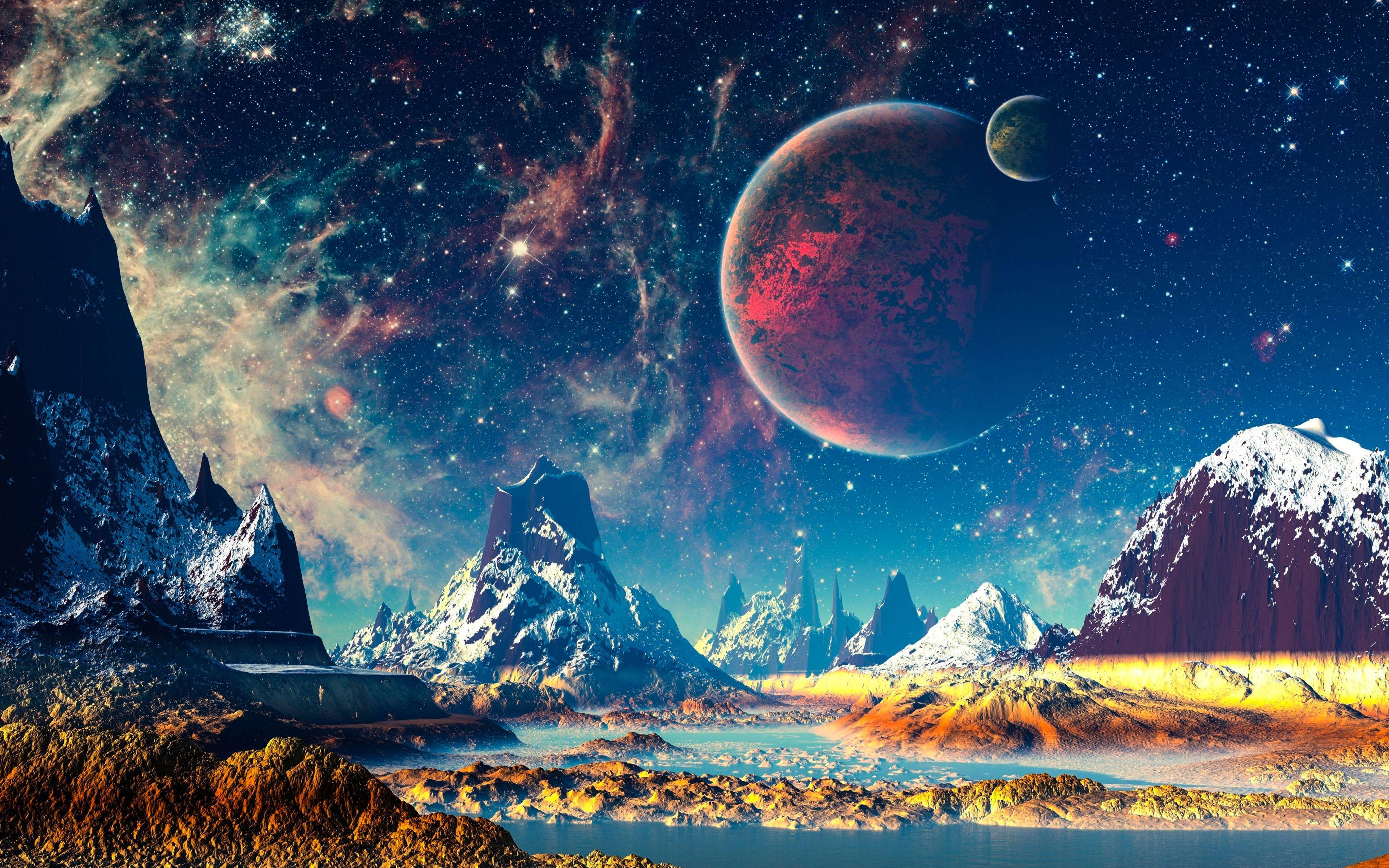 World 桌布 壁紙 — 白雪覆蓋的外星山脈在星空下聳立，上方有一顆巨大的紅色行星和發光的星雲。