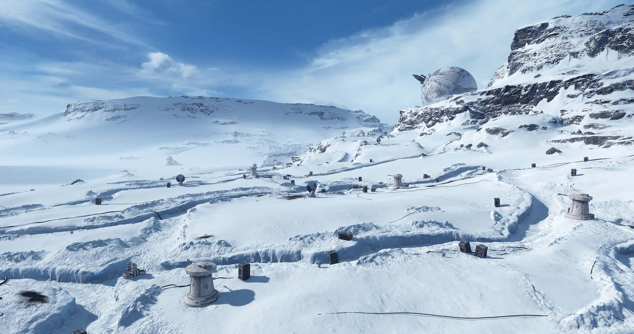 Hoth 桌布 壁紙 — 白雪覆蓋的山地景觀，一個大型圓頂天文台坐落在岩石懸崖上，天空湛藍明亮。