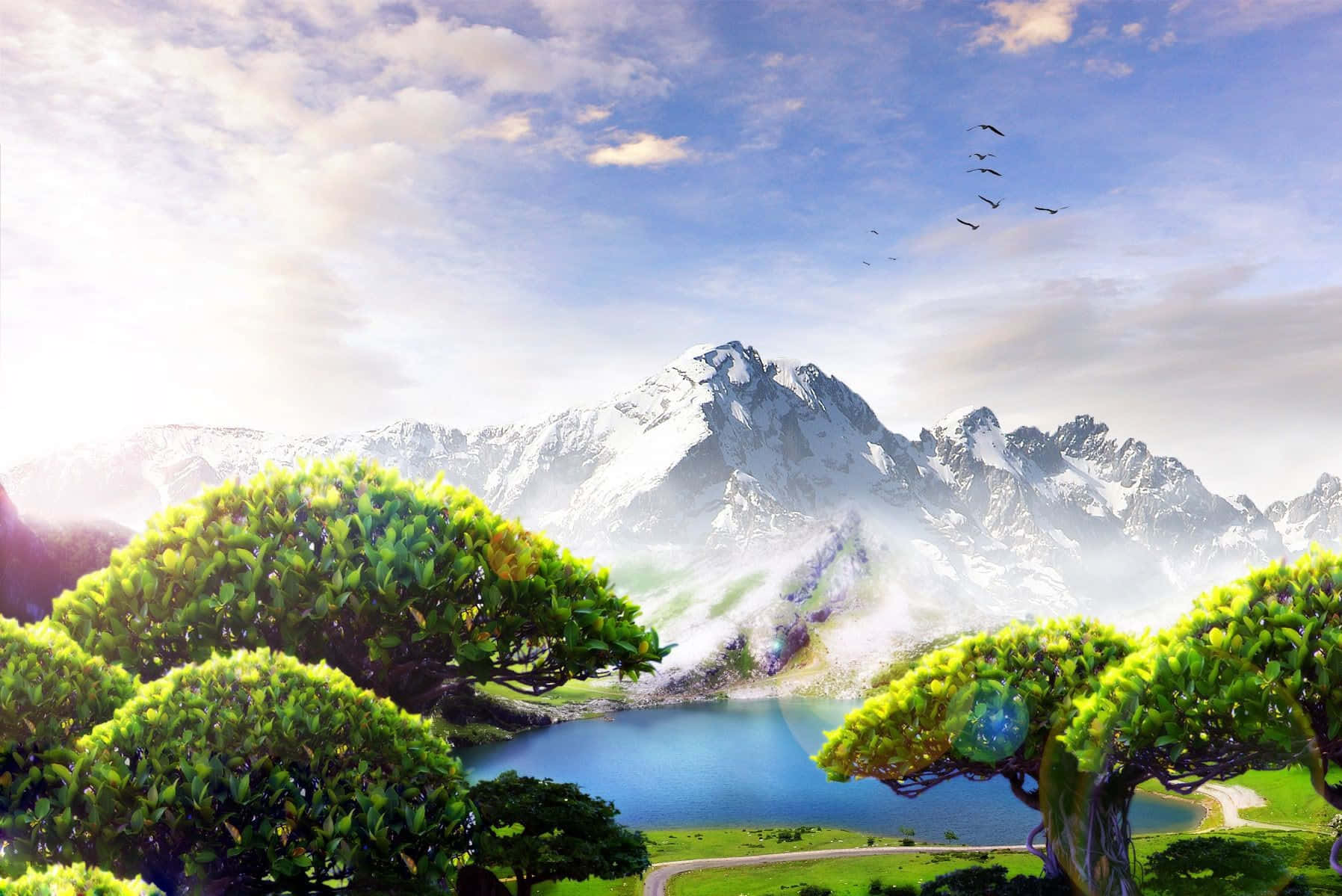 Spring Landscape 桌布 壁紙 — 白雪覆蓋的山峰在寧靜的藍色湖泊後方升起，湖泊被鮮綠的樹木環繞，明亮的天空中有鳥兒飛翔。