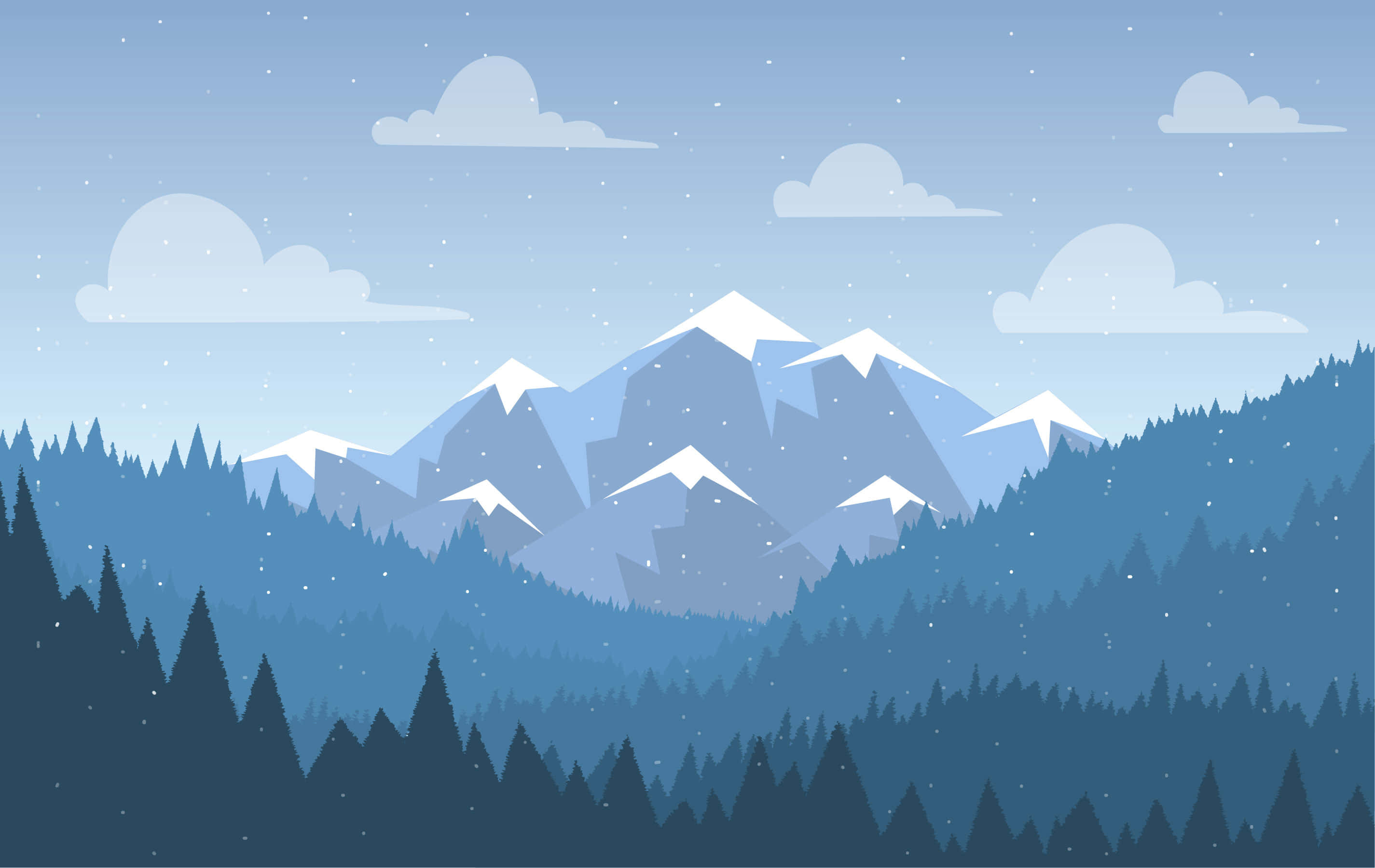 vector 桌布 壁紙 — 白雪覆蓋的山峰在層層松林後方升起，背景是星光閃爍的暮色天空和柔軟的雲朵。