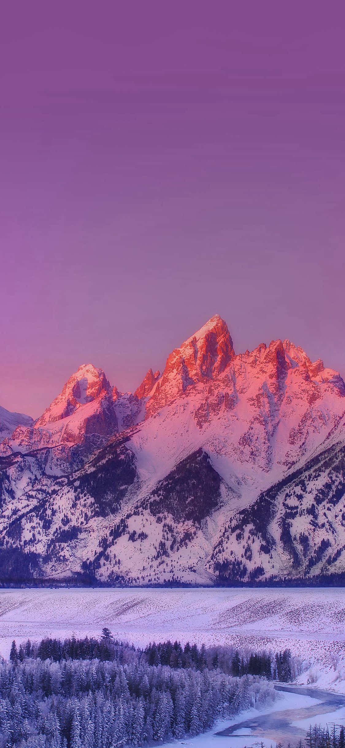 iPhone X Nature 桌布 壁紙 — 白雪覆蓋的山峰在日落時分呈現粉紅色和紫色，映照在冰凍的湖泊和雪白的森林之上。