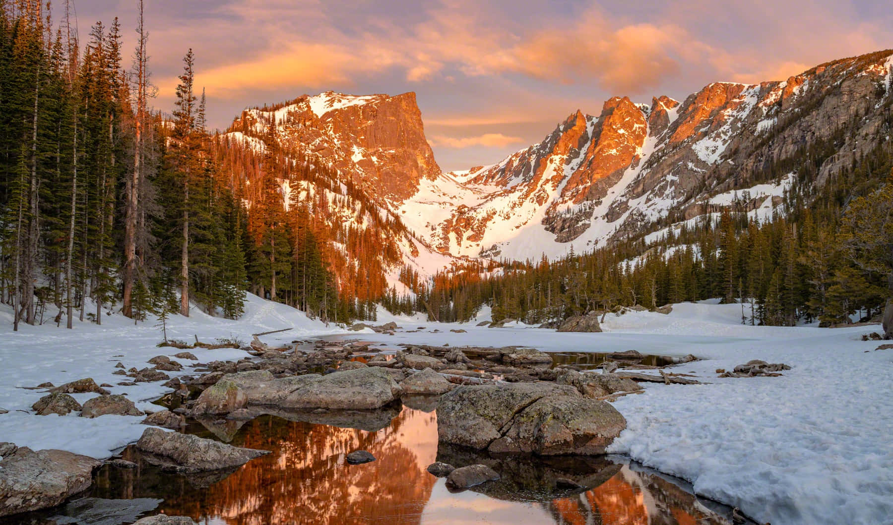 Colorado 桌布 壁紙 — 白雪覆蓋的山峰在金色夕陽的光芒中閃耀，倒映在被常青樹環繞的平靜溪流中。