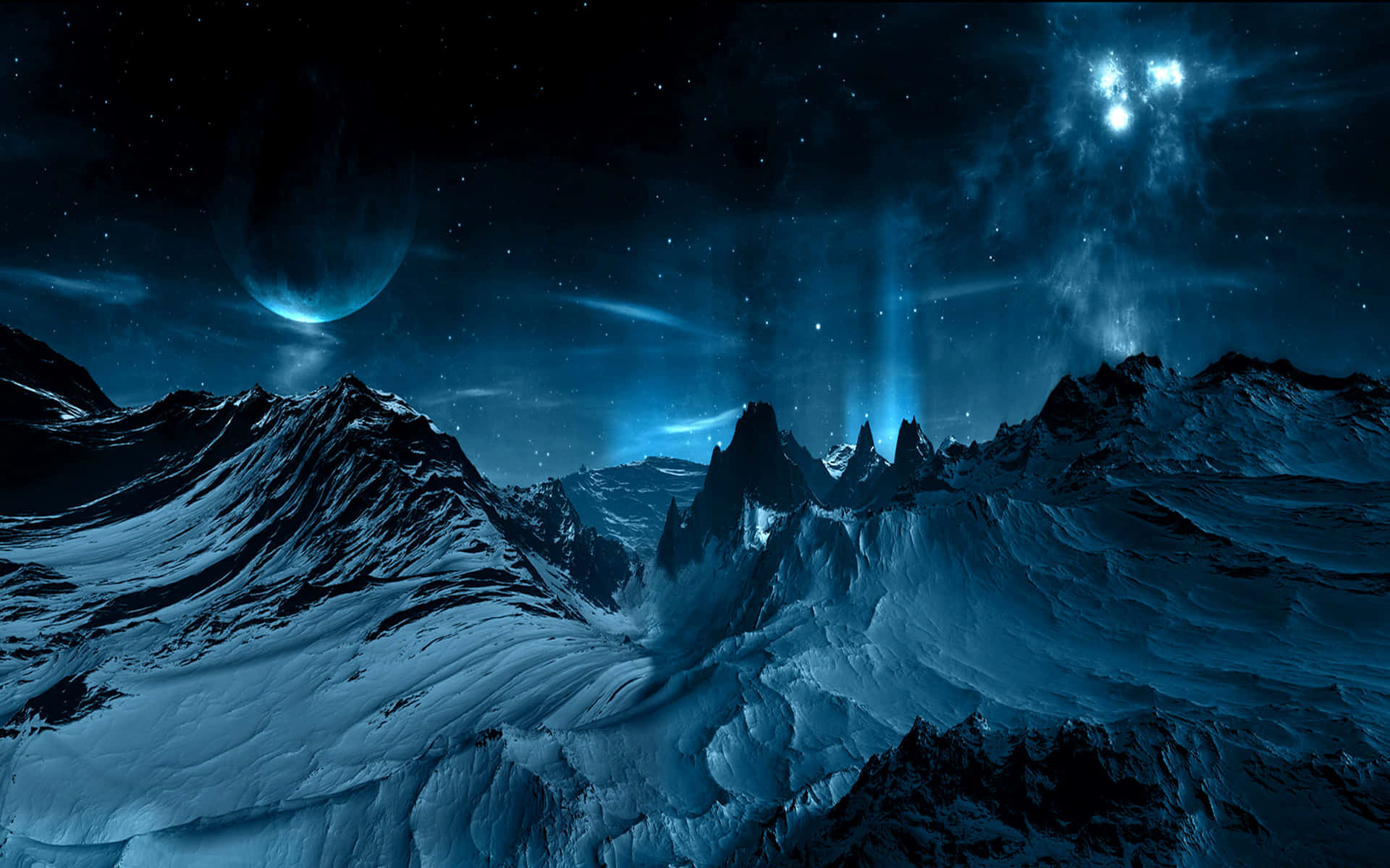 Samsung Tablet 桌布 壁紙 — 白雪覆蓋的山脈，在繁星點點的夜空下，伴隨著發光的藍色極光和遙遠的行星。