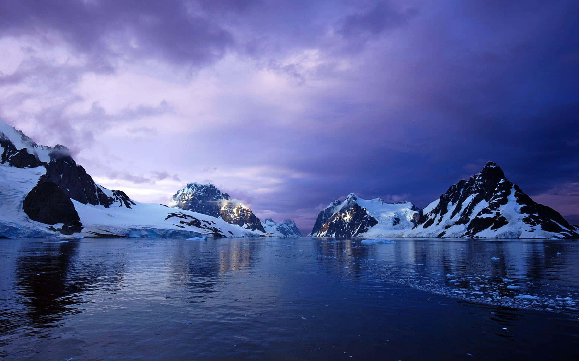 Antarctica 桌布 壁紙 — 白雪覆蓋的山脈在戲劇性的紫色暮光天空下倒映在平靜的水面上。