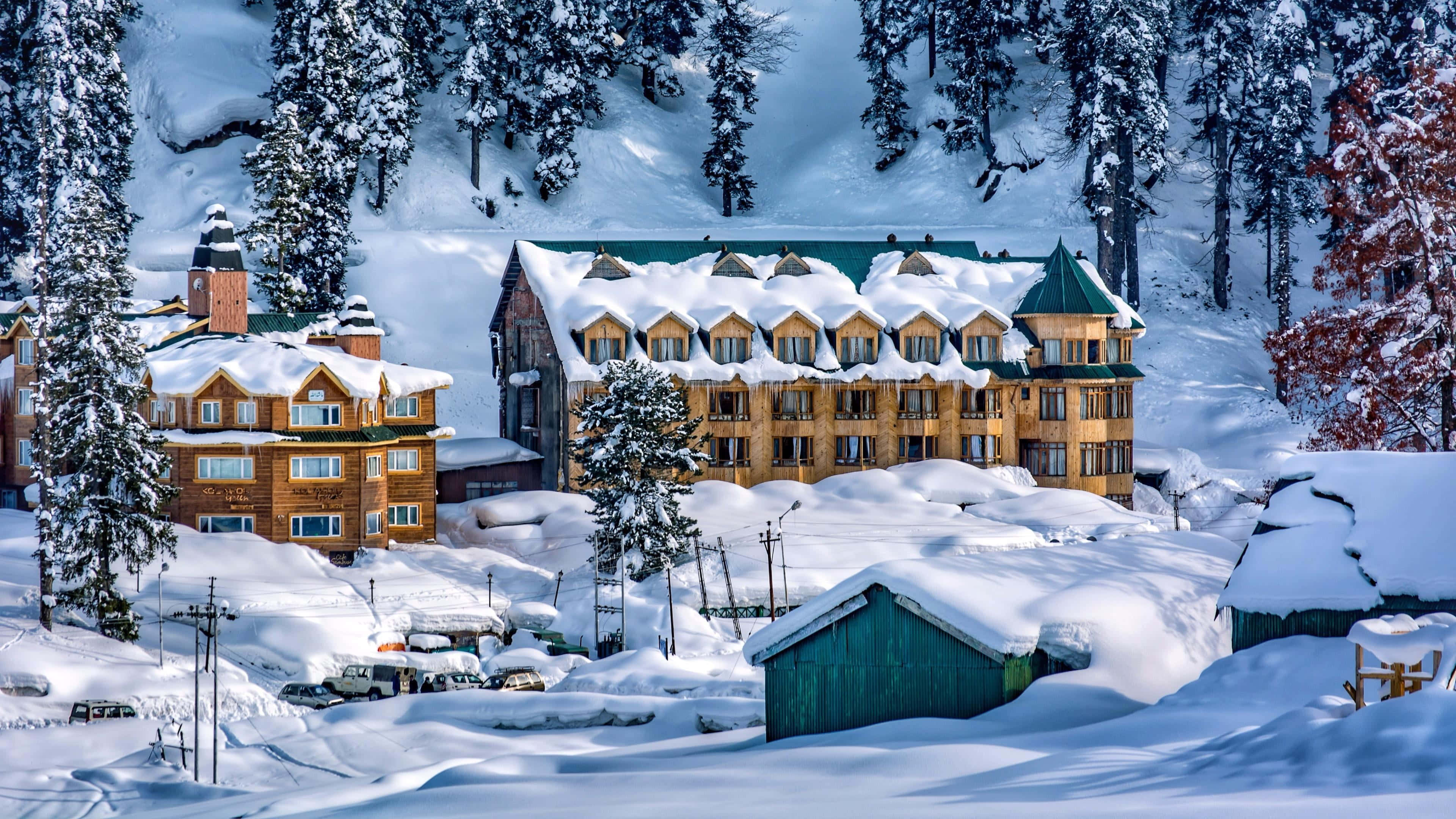 Ski Resort 桌布 壁紙 — 白雪覆蓋的木屋坐落在森林茂密的山谷中，沐浴在明亮的冬日陽光下。