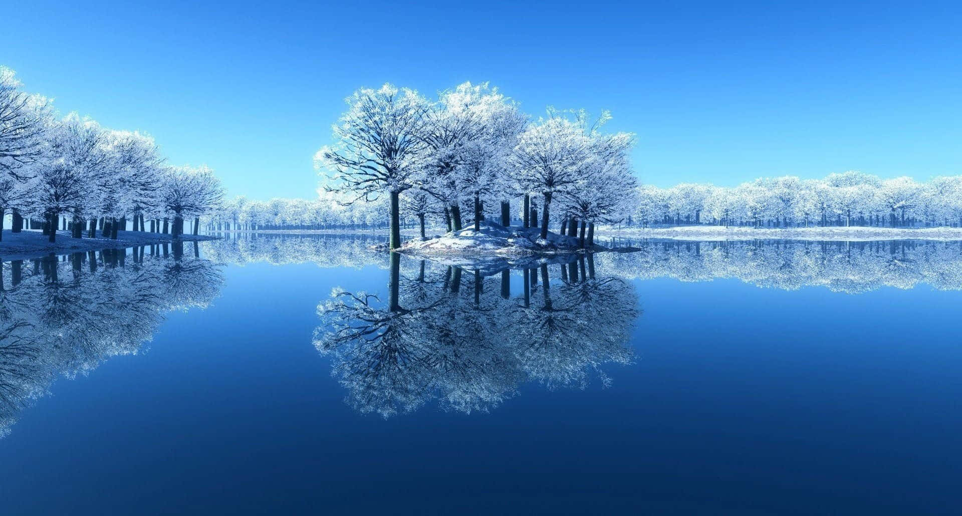 Frozen Lake 桌布 壁紙 — 白雪覆蓋的樹木矗立在結冰的湖面上，在清澈的藍天下呈現完美的鏡面倒影。