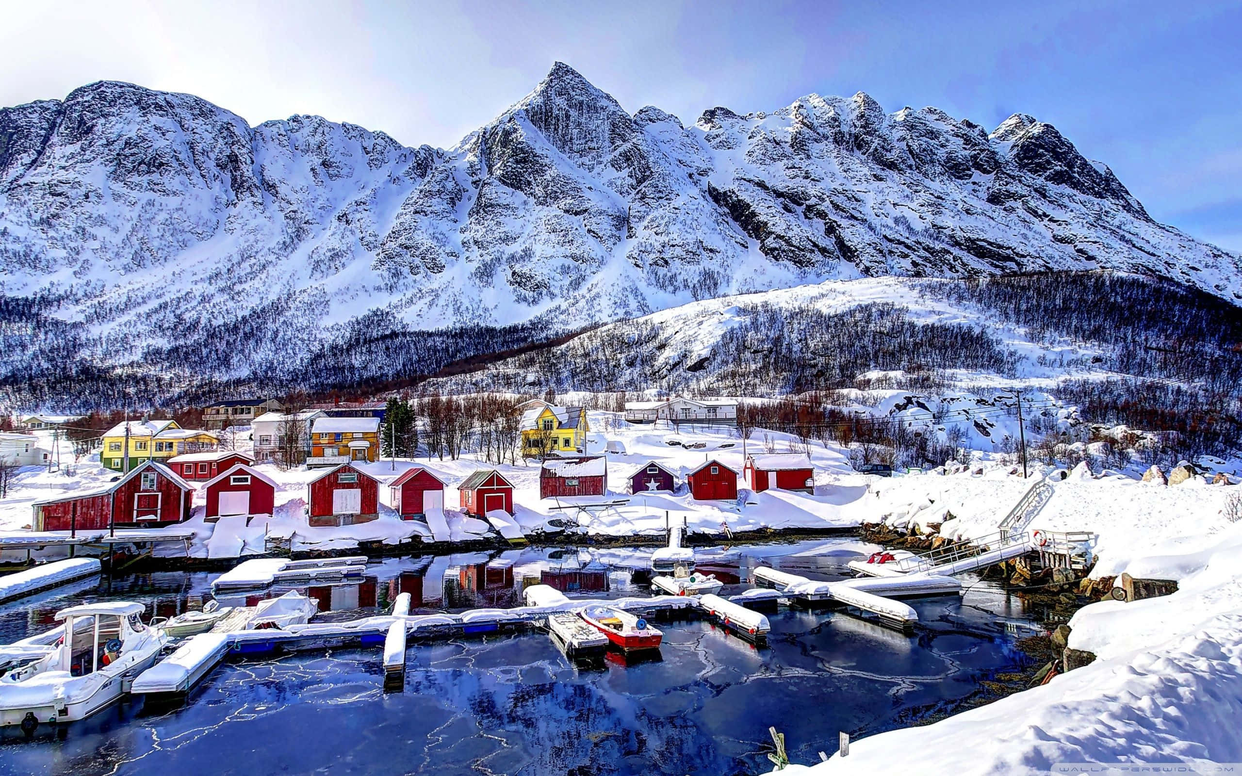 Snowy Village 桌布 壁紙 — 白雪覆蓋的紅色漁夫小屋排列在冰封的港口旁，冰水與高聳的雪山在清澈的藍天下相映成趣。