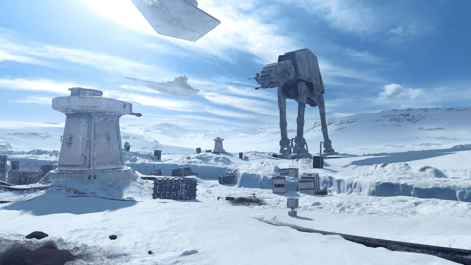 Hoth 桌布 壁紙 — 白雪覆蓋的霍斯戰場，AT-AT步行機和星際戰機在明亮的藍天下。
