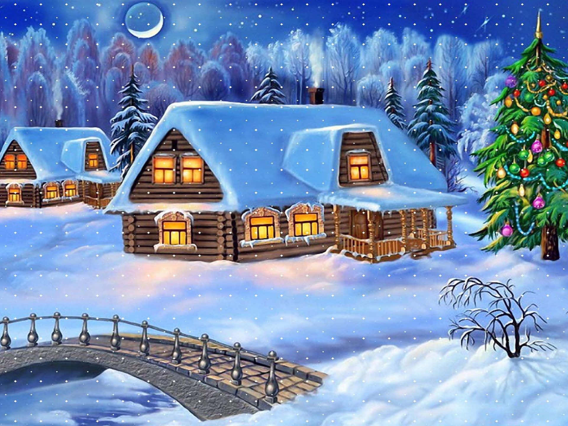 Snowy Village 桌布 壁紙 — 白雪覆蓋舒適的木屋，在月光照耀的冬日天空下，溫暖的燈光從裝飾著聖誕樹的窗戶中閃爍。