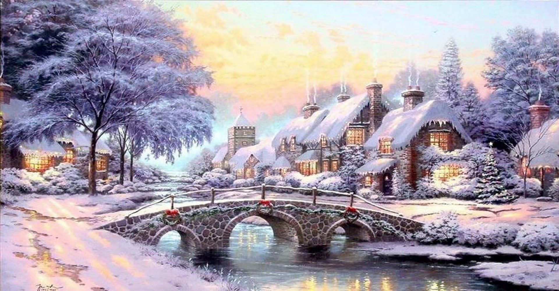 Winter Art 桌布 壁紙 — 白雪覆蓋著一個古樸的村莊，窗戶閃爍著光芒，一座石橋橫跨在暮色中平靜的河流上。