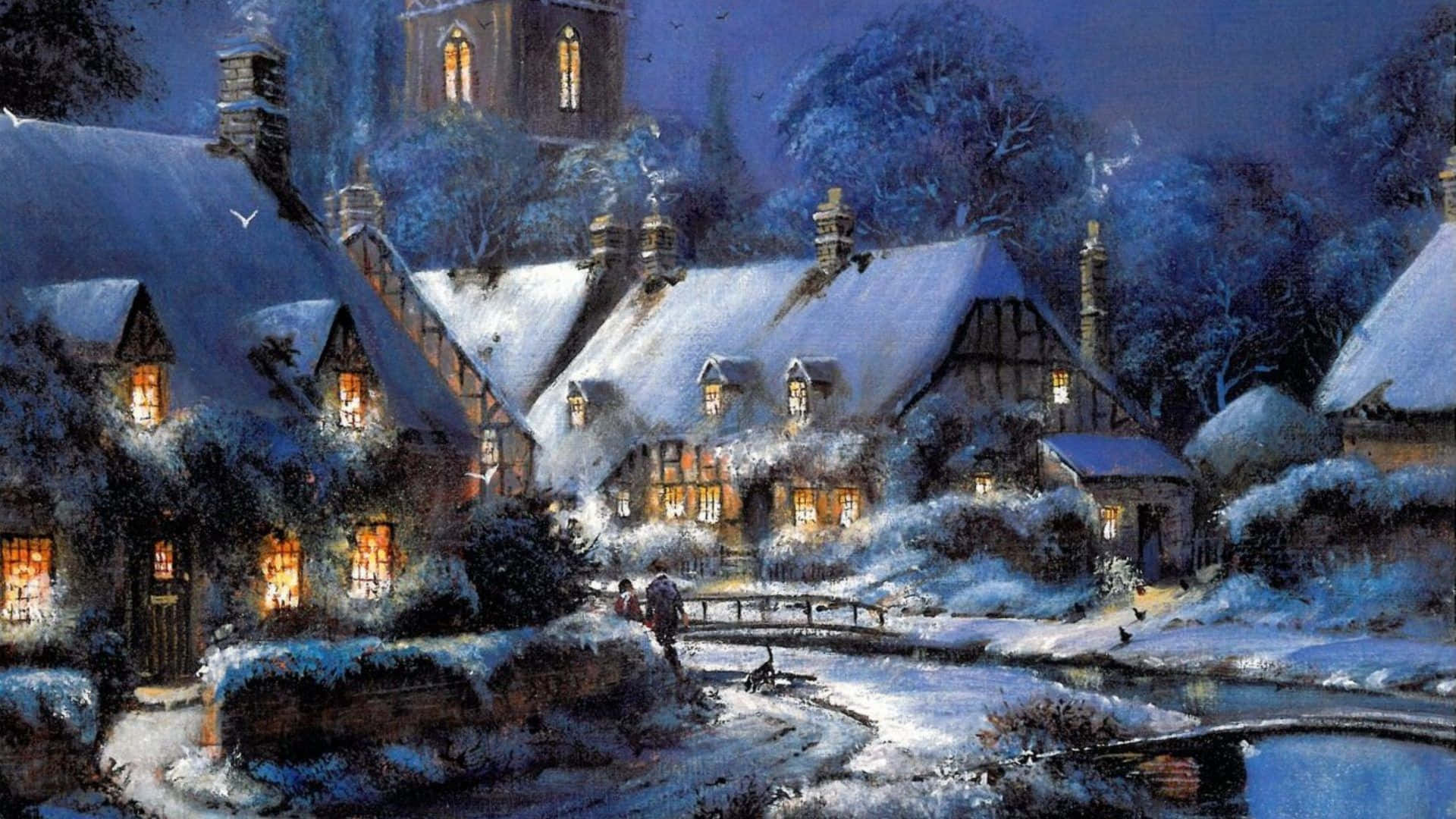 Snowy Village 桌布 壁紙 — 白雪覆蓋著一個古雅村莊的夜晚，溫暖的燈光從窗戶透出，一對情侶走過一座橫跨冰凍溪流的小橋。