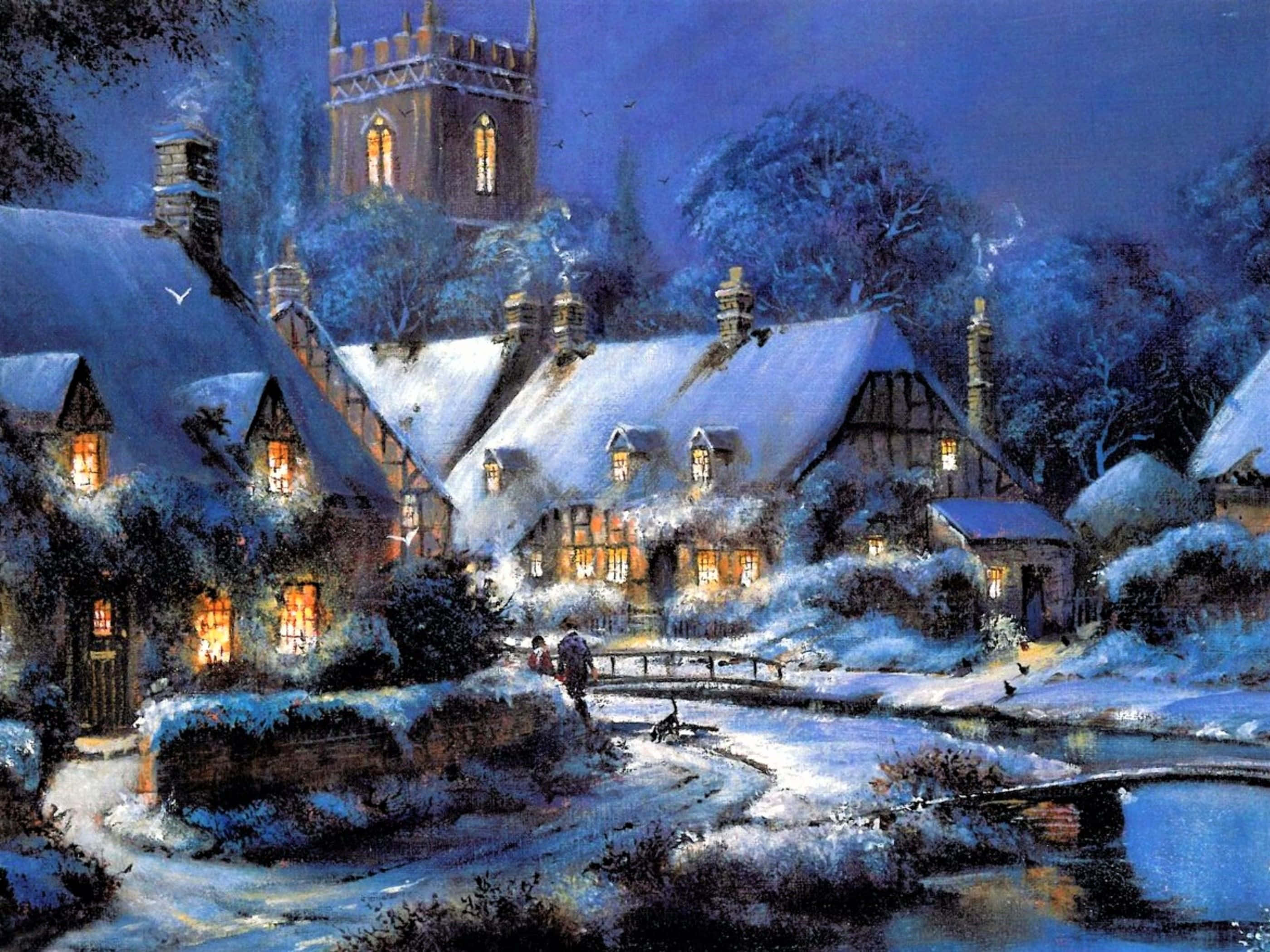 Snowy Village 桌布 壁紙 — 白雪覆蓋著一個古雅村莊的夜晚，溫暖的燈光從窗戶透出，教堂塔樓聳立在屋頂之上。