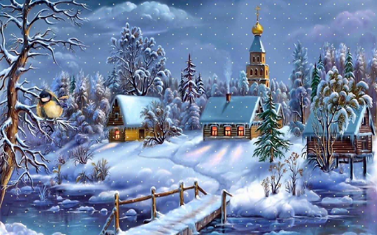 Winter Christmas 桌布 壁紙 — 白雪覆蓋著一個寧靜的村莊，窗戶閃爍著光芒，金色圓頂教堂在繁星點點的冬日天空下。