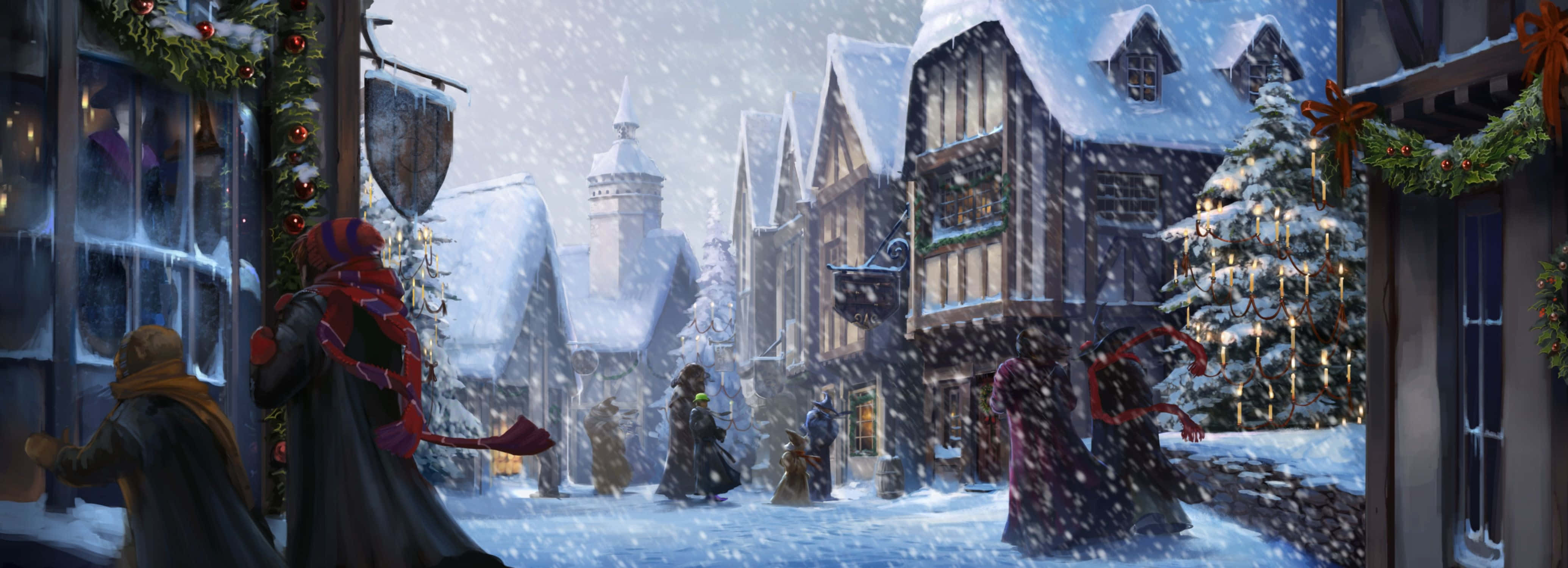 Harry Potter Christmas 桌布 壁紙 — 白雪覆蓋著一個節日氣氛的中世紀小鎮，人們穿著冬季斗篷，漫步經過溫暖燈光、裝飾著節日花環的商店。