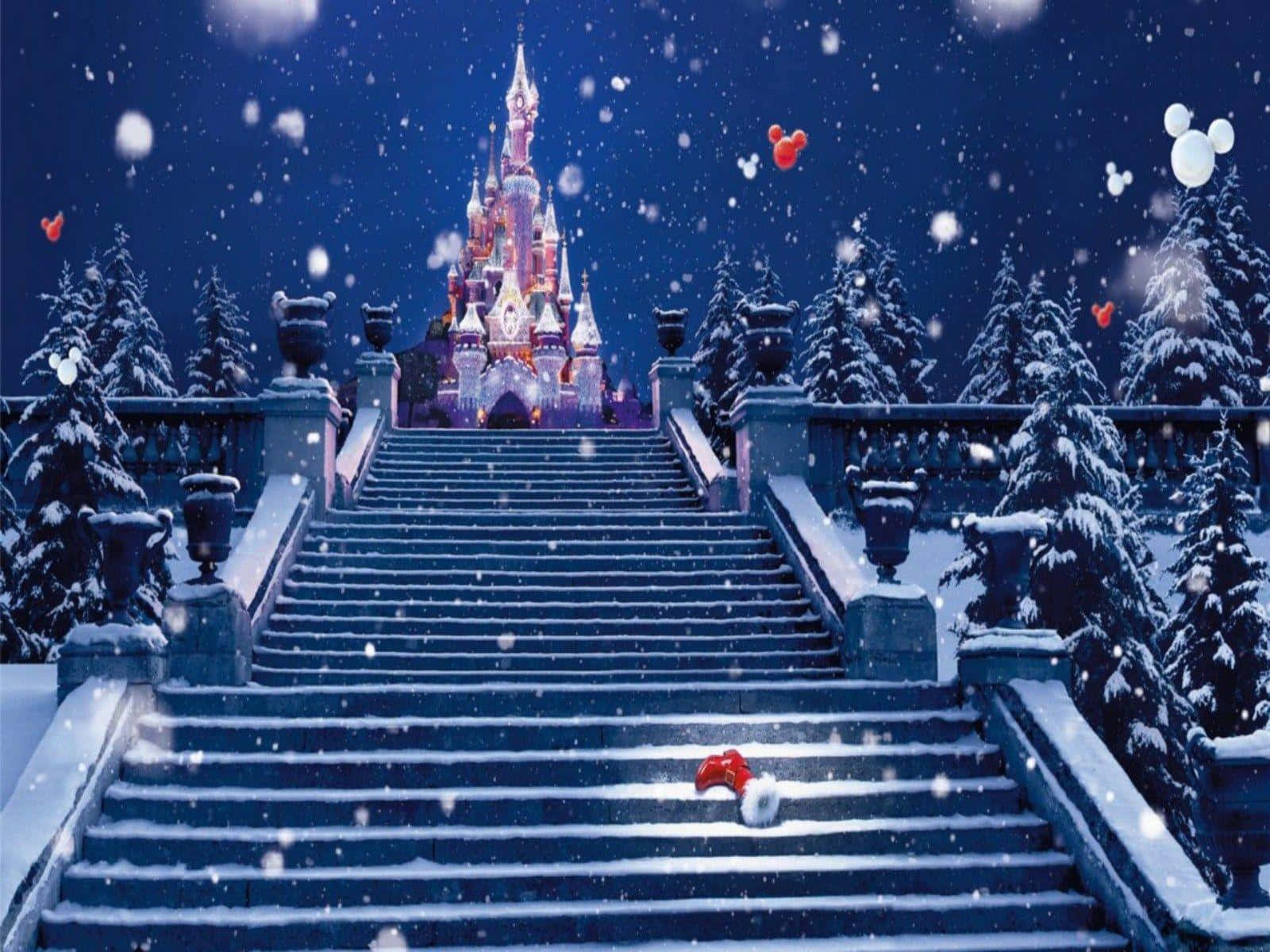 Aesthetic Disney 桌布 壁紙 — 白雪覆蓋著一條宏偉的樓梯，通往在星空下發光的迪士尼城堡，並有漂浮的米奇耳朵。