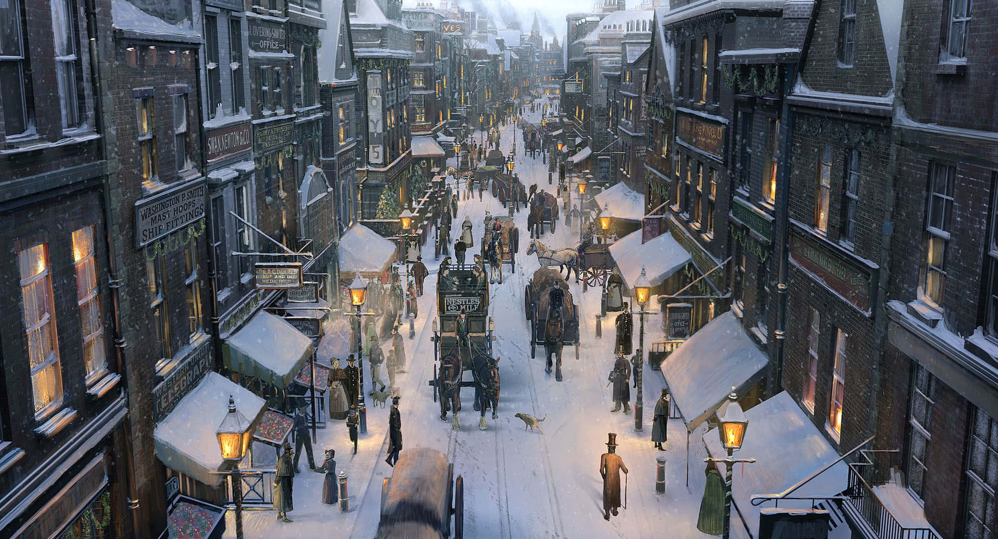 Winter Painting 桌布 壁紙 — 白雪覆蓋著一條繁忙的維多利亞時代街道，馬車和溫暖燈光的商店在暮色天空下。