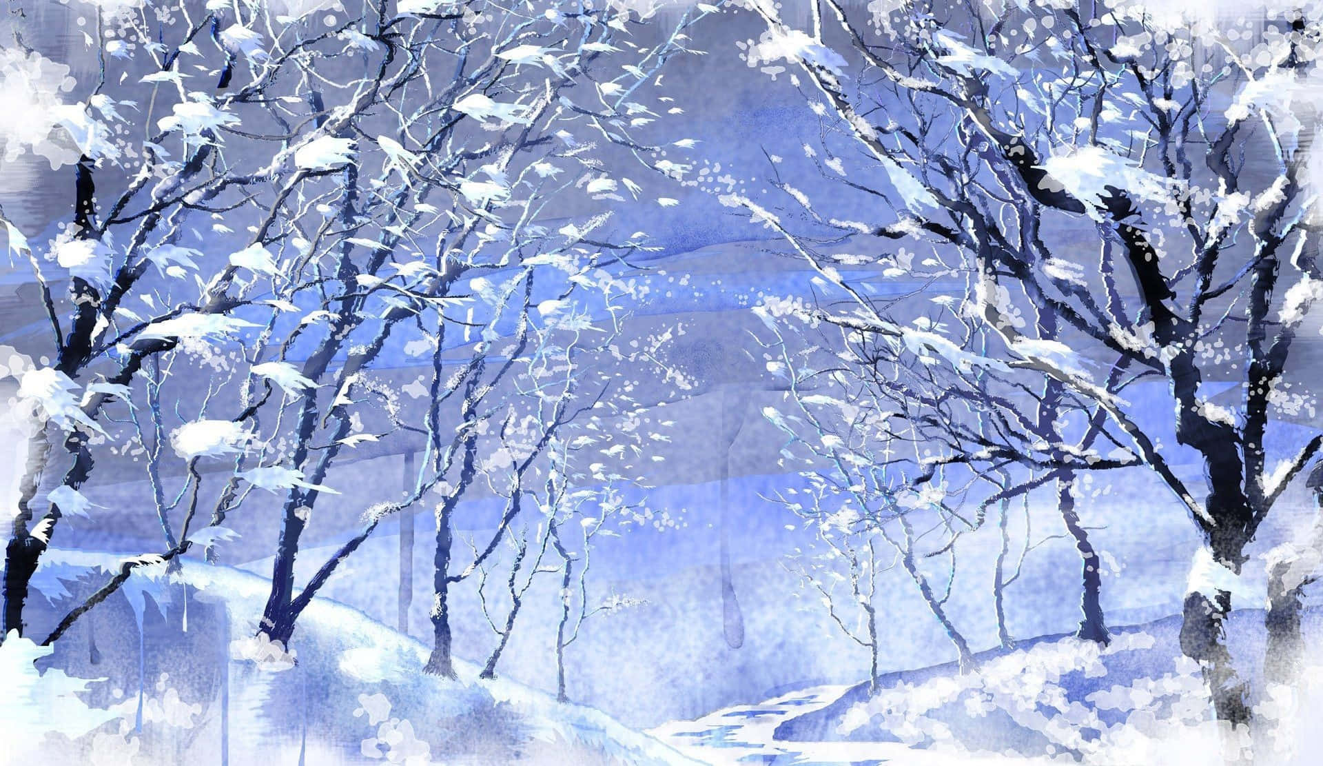 Winter Art 桌布 壁紙 — 白雪覆蓋著光禿禿的樹木，在寧靜的冬日森林中以冷色調的藍色和白色水彩繪製。