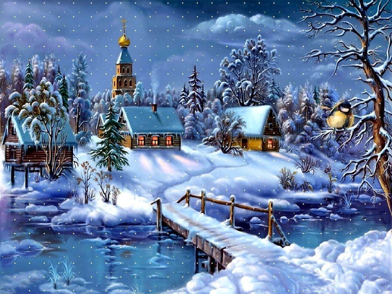 Snowy Village 桌布 壁紙 — 白雪覆蓋著寧靜的冬季村莊，閃爍的窗戶和一座木橋橫跨結冰的河流，在繁星點點的夜空下。
